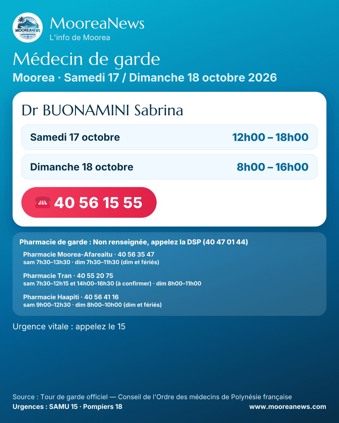 Affiche garde week-end Moorea — Samedi 17 / Dimanche 18 octobre 2026
